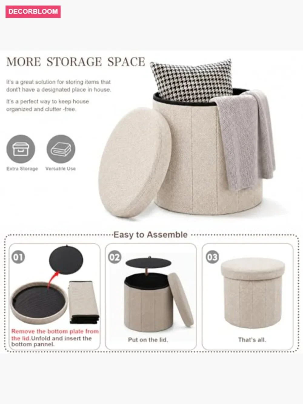 Round Storage Ottoman with Lid, Foldable Linen Bench, Large Hidden Storage,